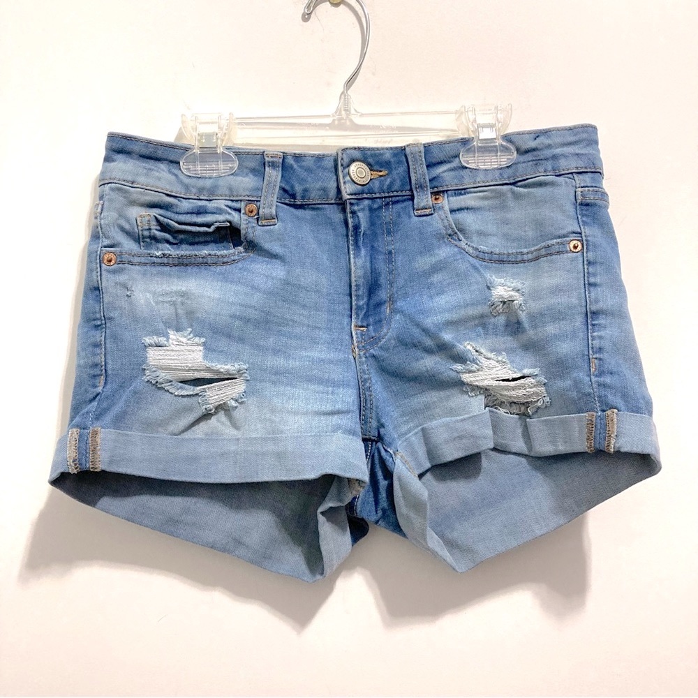 Aeropostale AERO Low Rise Shorty Ripped Distressed Blue Jean Shorts Denim Jorts